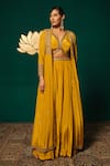 Buy Niloufer By Aasif Ally Yellow Crepe Sequins, Stones, Embroidery V-neck Long Cape And Skirt Set Buy_Niloufer By Aasif Ally_Yellow Crepe Sequins, Stones, Embroidery V-neck Long Cape And Skirt Set
