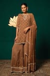 Buy_Niloufer By Aasif Ally_Brown Tissue Embroidery, Sequins, Stones, Antique Hand Work Kurta Sharara Set _at_Aza_Fashions