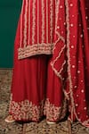 Niloufer By Aasif Ally_Red Chinon, Tissue Zari, Stones, Beads, Zardozi Straight Kurta Sharara Set _Online_at_Aza_Fashions