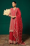 Shop_Niloufer By Aasif Ally_Red Chinon, Tissue Zari, Stones, Beads, Zardozi Straight Kurta Sharara Set _Online_at_Aza_Fashions