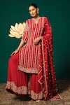 Buy_Niloufer By Aasif Ally_Red Chinon, Tissue Zari, Stones, Beads, Zardozi Straight Kurta Sharara Set _at_Aza_Fashions