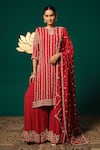 Niloufer By Aasif Ally_Red Chinon, Tissue Zari, Stones, Beads, Zardozi Straight Kurta Sharara Set 