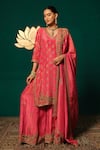 Shop Niloufer By Aasif Ally Pink Tissue Sequins, Zari, Embroidery V-neck Floral Kurta Sharara Set Online at Aza Fashions Shop_Niloufer By Aasif Ally_Pink Tissue Sequins, Zari, Embroidery V-neck Floral Kurta Sharara Set _Online_at_Aza_Fashions