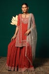 Buy_Niloufer By Aasif Ally_Red Chinon, Tissue, Organza Sequins, Beads, Embroidery Floral Kurta Sharara Set _at_Aza_Fashions