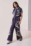 Buy Needleten Navy Linen, Satin Floral Print Wide Leg Pant at Aza Fashions Buy_Needleten_Navy Linen, Satin Floral Print Wide Leg Pant _at_Aza_Fashions