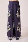 Needleten Navy Linen, Satin Floral Print Wide Leg Pant Online at Aza Fashions Needleten_Navy Linen, Satin Floral Print Wide Leg Pant _Online_at_Aza_Fashions