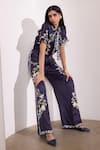 Needleten_Navy Linen, Satin Collared Floral Print Shirt And Pant Set _Online_at_Aza_Fashions