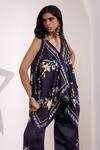 Buy_Needleten_Navy Linen, Satin V-neck Floral Print Draped Top _at_Aza_Fashions