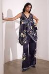 Shop_Needleten_Navy Linen, Satin V-neck Floral Print Draped Top _Online_at_Aza_Fashions