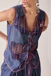 Needleten_Blue Tencel, Denim Cut Work, Embroidery V-neck Cutwork Tie-up Blouse _at_Aza_Fashions