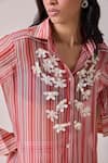 Buy_Needleten_Coral Vegan Silk, Organza Fabric Flowers Collared, Striped Applique Shirt _Online_at_Aza_Fashions