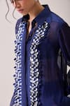 Needleten_Navy Vegan Silk, Organza Applique, Embroidery Collared Contrast Placket Shirt _Online_at_Aza_Fashions