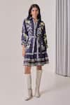 Buy_Needleten_Navy Linen, Satin Collared, V-neck Floral Print Tiered Shirt Dress With Belt _at_Aza_Fashions
