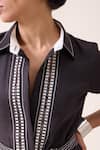 Shop_Needleten_Black Linen Embroidery Collared, Button-down Neck Shirt Dress With Belt _Online_at_Aza_Fashions