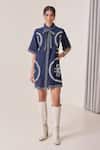 Buy_Needleten_Navy Linen Embroidery, Piping Collared Shirt Dress With Tie-up Belt _at_Aza_Fashions