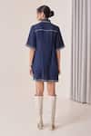 Shop_Needleten_Navy Linen Embroidery, Piping Collared Shirt Dress With Tie-up Belt _at_Aza_Fashions