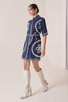 Needleten_Navy Linen Embroidery, Piping Collared Shirt Dress With Tie-up Belt _Online_at_Aza_Fashions