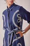 Buy_Needleten_Navy Linen Embroidery, Piping Collared Shirt Dress With Tie-up Belt _Online_at_Aza_Fashions