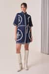 Shop_Needleten_Navy Linen Embroidery, Piping Collared Shirt Dress With Tie-up Belt _Online_at_Aza_Fashions