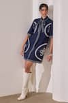 Needleten_Navy Linen Embroidery, Piping Collared Shirt Dress With Tie-up Belt _at_Aza_Fashions