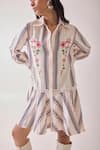 Needleten_Cream Viscose Embroidery Collared, Button-down Neck Striped Floral Shirt Dress _Online_at_Aza_Fashions