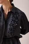 Shop_Needleten_Black Organza, Satin Applique Collared, Ruffle And Cutwork Detail Button Shirt 