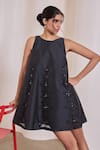 Buy_Needleten_Black Taffeta Sequins, Cut Work Round Neck, Floral Embellished Dress _at_Aza_Fashions