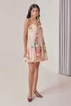 Needleten_Peach Vegan Silk, Organza Sweetheart Neck Floral Print Tiered Bubble Dress _Online_at_Aza_Fashions