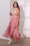 Buy_Needleten_Coral Vegan Silk, Organza V-neck Striped Tiered Maxi Dress _Online_at_Aza_Fashions