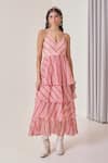 Buy_Needleten_Coral Vegan Silk, Organza V-neck Striped Tiered Maxi Dress _at_Aza_Fashions