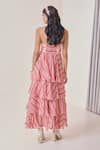 Shop_Needleten_Coral Vegan Silk, Organza V-neck Striped Tiered Maxi Dress _at_Aza_Fashions