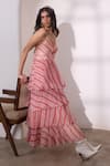 Needleten_Coral Vegan Silk, Organza V-neck Striped Tiered Maxi Dress _at_Aza_Fashions