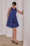 Buy_Needleten_Blue Taffeta, Cotton Applique, Cut Work, Sequins Ruffled Floral Short Dress _at_Aza_Fashions