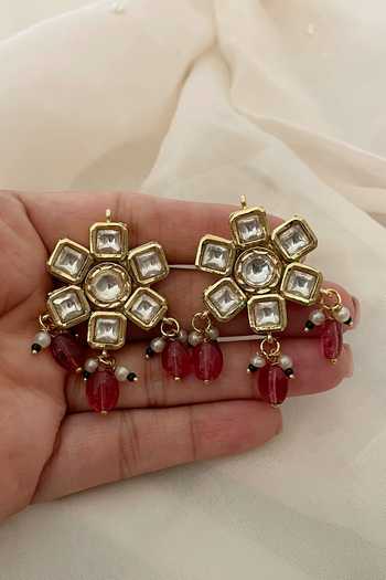 Shop_Saga Jewels_Red Pearls, Beads, Stones Geometric Kundan Studded Choker Set _at_Aza_Fashions