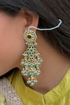 Shop_Saga Jewels_Green Beads, Pearls, Stones Fish Motif Kundan Long Earrings _at_Aza_Fashions
