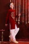 Hoity Moppet_Red Velvet, Cotton Embroidery, Studs Khushrang Lion Kurta Set _at_Aza_Fashions