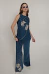 Buy_Shagufta_Blue Georgette, Corduroy Embroidery, Beads, Zari Halter Floral Top And Pant Set _at_Aza_Fashions