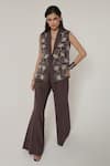 Buy_Shagufta_Brown Georgette Embroidery, Zari V-neck Two Tone Zardozi Jacket Pant Set _at_Aza_Fashions