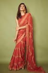 Buy_Shreeka_Brown Georgette, Viscose, Silk Embroidery Hand Screen Print Saree With Blouse _at_Aza_Fashions