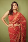 Shreeka_Brown Georgette, Viscose, Silk Embroidery Hand Screen Print Saree With Blouse 