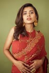 Shreeka_Brown Georgette, Viscose, Silk Embroidery Hand Screen Print Saree With Blouse 