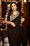 Buy_Shreeka_Black Georgette, Silk Embroidery, Pearls, Crystals Blouse And Pre-draped Saree Set _at_Aza_Fashions