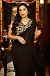 Shop_Shreeka_Black Georgette, Silk Embroidery, Pearls, Crystals Blouse And Pre-draped Saree Set _Online