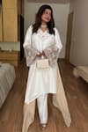 Buy_Shreeka_Ivory Organza, Silk, Linen Placed Embroidered Asymmetric Kaftan With Pant _at_Aza_Fashions