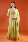 Shop_Samyukta Singhania_Green Georgette Embroidery, Zari V-neck Hand Anarklai With Dupatta _Online_at_Aza_Fashions