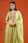 Samyukta Singhania_Green Georgette Embroidery, Zari V-neck Hand Anarklai With Dupatta _at_Aza_Fashions