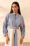 Buy_OurDve_Blue Cotton Embroidery Mandarin Collar, Button-down Neck Citrus Glow Dress _Online_at_Aza_Fashions