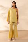 OurDve_Yellow Cotton Embroidery One Shoulder Coral Kiss Top And Pant Set _at_Aza_Fashions