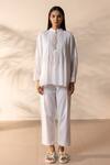 OurDve_White Cotton Embroidery Mandarin Collar Drizzle Pintucked Top _Online_at_Aza_Fashions