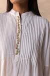 Shop_OurDve_White Cotton Embroidery Mandarin Collar Drizzle Pintucked Top 